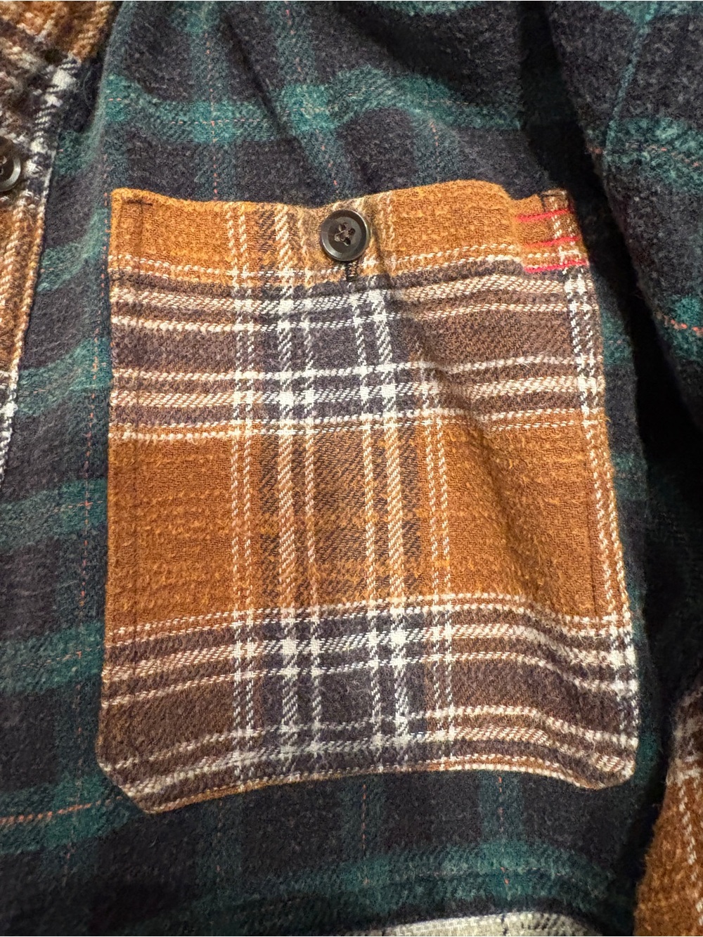 BDG Patchwork Plaid Flannel Jacket — Brown, Cream, Green - Picture 5 of 6